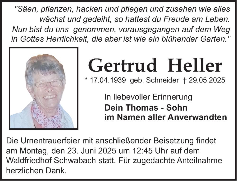  Traueranzeige für Gertrud Heller vom 14.06.2025 aus Gesamtausgabe Nürnberger Nachrichten/ Nürnberger Ztg.