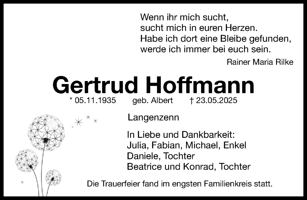  Traueranzeige für Gertrud Hoffmann vom 14.06.2025 aus Fürther Nachrichten Lokal