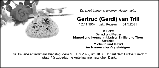 Traueranzeige von Gertrud van Trill von Gesamtausgabe Nürnberger Nachrichten/ Nürnberger Ztg./ Fürther Nachrichten