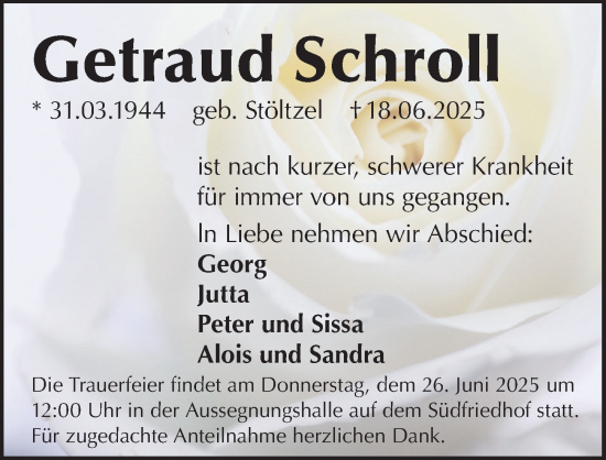 Traueranzeige von Getraud Schroll von Gesamtausgabe Nürnberger Nachrichten/ Nürnberger Ztg.