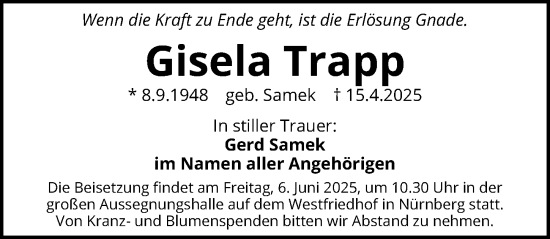 Traueranzeige von Gisela Trapp von Gesamtausgabe Nürnberger Nachrichten/ Nürnberger Ztg.