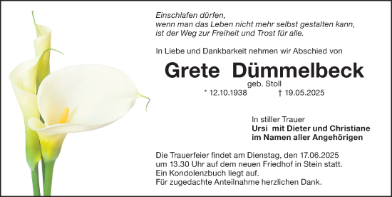 Traueranzeige von Grete Dümmelbeck von Gesamtausgabe Nürnberger Nachrichten/ Nürnberger Ztg.