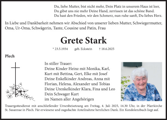 Traueranzeige von Grete Stark von Nordbayerische Nachrichten Pegnitz Lokal