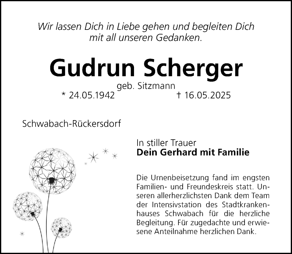  Traueranzeige für Gudrun Scherger vom 14.06.2025 aus Schwabacher Tagblatt Lokal