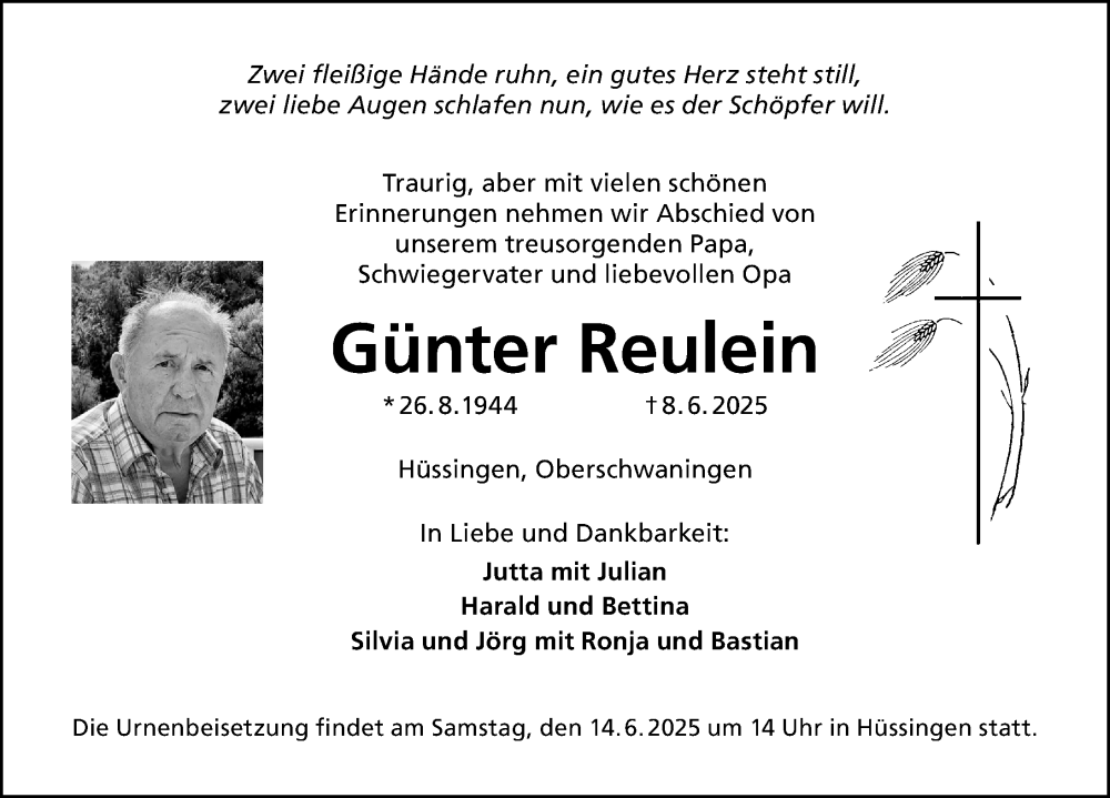  Traueranzeige für Günter Reulein vom 12.06.2025 aus Altmühl-Bote Lokal