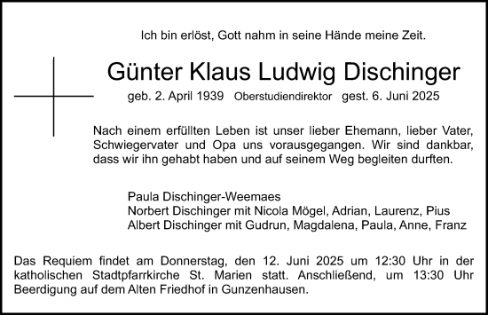 Traueranzeige von Günter Klaus Ludwig Dischinger von Altmühl-Bote Lokal