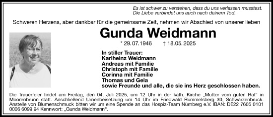 Traueranzeige von Gunda Weidmann von Gesamtausgabe Nürnberger Nachrichten/ Nürnberger Ztg.