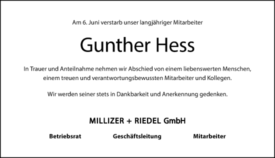 Traueranzeige von Gunther Hess von HST,HRHV