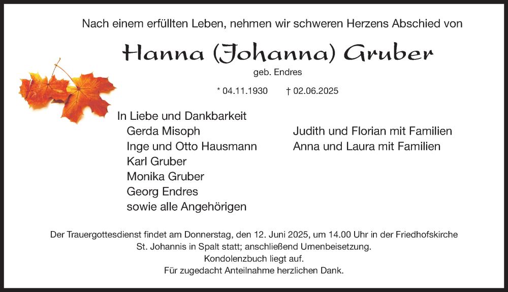  Traueranzeige für Hanna Gruber vom 10.06.2025 aus Roth-Hilpoltsteiner Volkszeitung Lokal