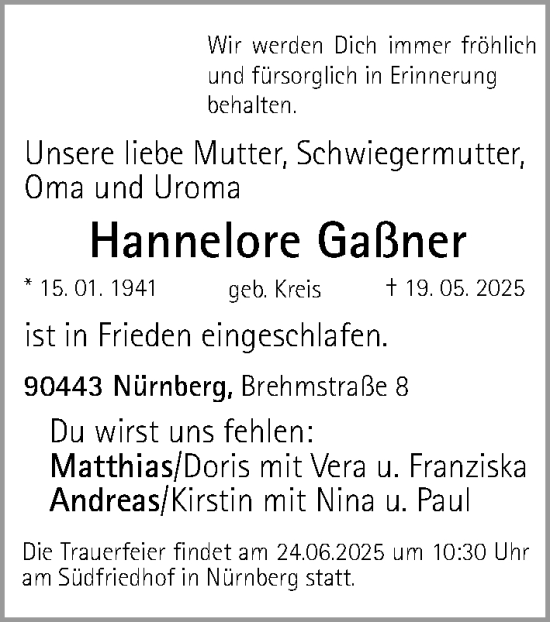 Traueranzeige von Hannelore Gaßner von Gesamtausgabe Nürnberger Nachrichten/ Nürnberger Ztg.