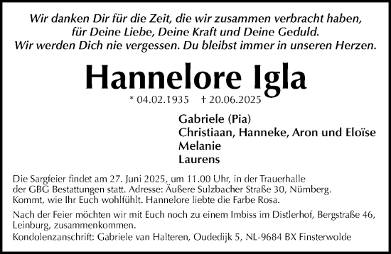 Traueranzeige von Hannelore Igla von Gesamtausgabe Nürnberger Nachrichten/ Nürnberger Ztg.