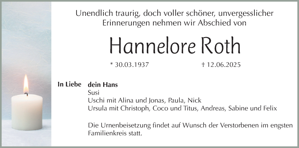  Traueranzeige für Hannelore Roth vom 21.06.2025 aus Gesamtausgabe Nürnberger Nachrichten/ Nürnberger Ztg.