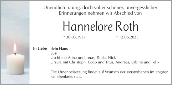 Traueranzeige von Hannelore Roth von Gesamtausgabe Nürnberger Nachrichten/ Nürnberger Ztg.
