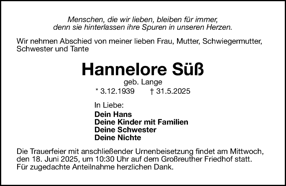  Traueranzeige für Hannelore Süß vom 14.06.2025 aus Gesamtausgabe Nürnberger Nachrichten/ Nürnberger Ztg.