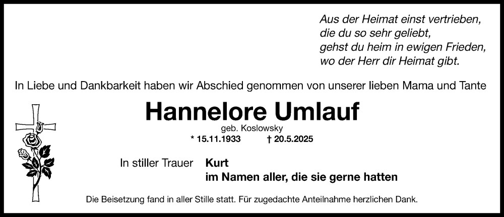  Traueranzeige für Hannelore Umlauf vom 21.06.2025 aus Fürther Nachrichten Lokal