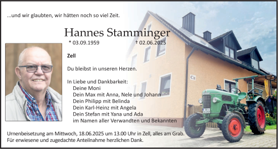 Traueranzeige von Hannes Stamminger von Roth-Hilpoltsteiner Volkszeitung Lokal
