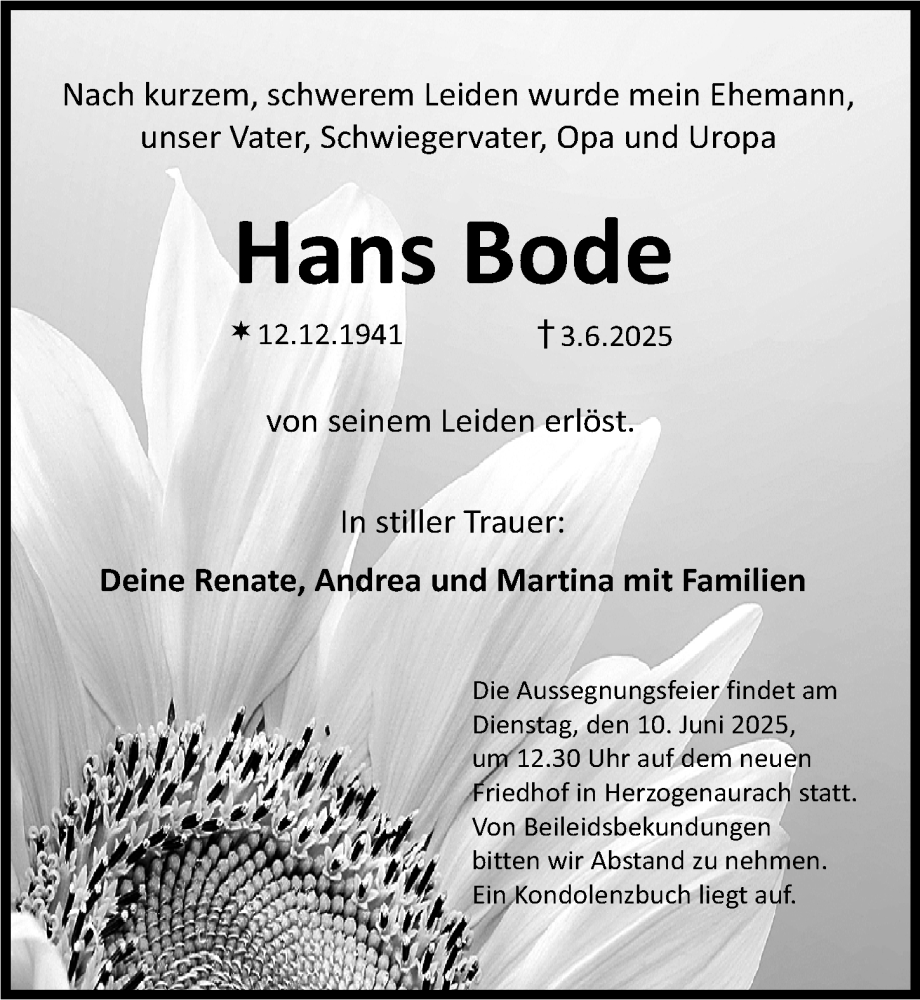  Traueranzeige für Hans Bode vom 07.06.2025 aus Nordbayerische Nachrichten Herzogenaurach Lokal