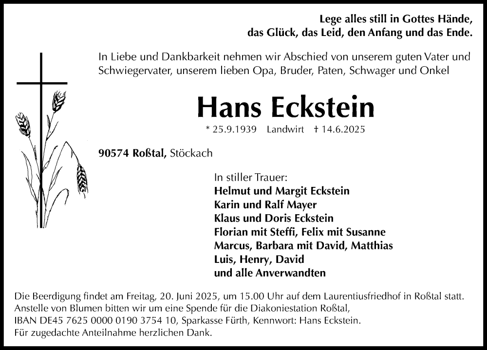  Traueranzeige für Hans Eckstein vom 18.06.2025 aus Fürther Nachrichten Lokal