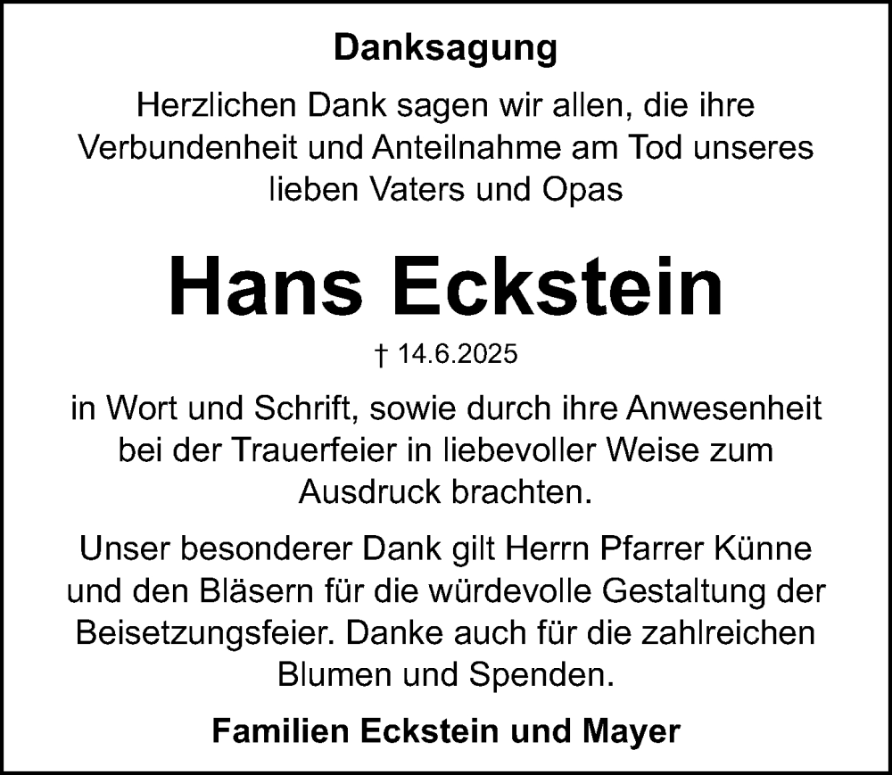  Traueranzeige für Hans Eckstein vom 28.06.2025 aus Fürther Nachrichten Lokal