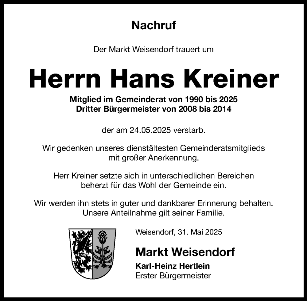  Traueranzeige für Hans Kreiner vom 03.06.2025 aus Erlanger Nachrichten Lokal