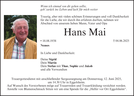 Traueranzeige von Hans Mai von Nordbayerische Nachrichten Forchheim Lokal
