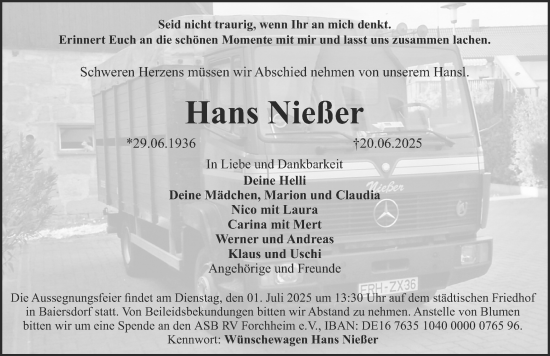 Traueranzeige von Hans Nießer von Erlanger Nachrichten Lokal