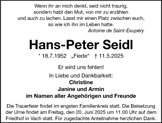 Traueranzeige von Hans-Peter Seidl von Fürther Nachrichten Lokal