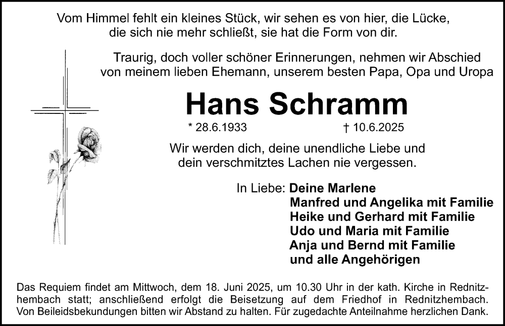  Traueranzeige für Hans Schramm vom 14.06.2025 aus Schwabacher Tagblatt Lokal