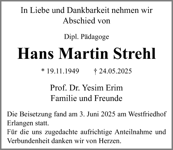 Traueranzeige von Hans Martin Strehl von Erlanger Nachrichten Lokal