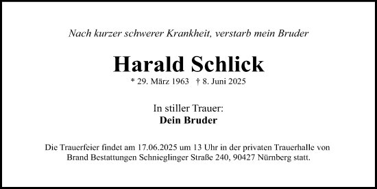 Traueranzeige von Harald Schlick von Gesamtausgabe Nürnberger Nachrichten/ Nürnberger Ztg.
