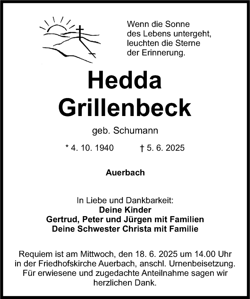  Traueranzeige für Hedda Grillenbeck vom 14.06.2025 aus Nordbayerische Nachrichten Pegnitz Lokal