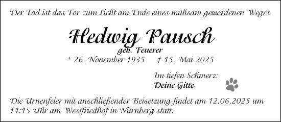 Traueranzeige von Hedwig Pausch von Gesamtausgabe Nürnberger Nachrichten/ Nürnberger Ztg.