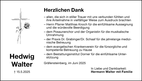 Traueranzeige von Hedwig Walter von Altmühl-Bote Lokal