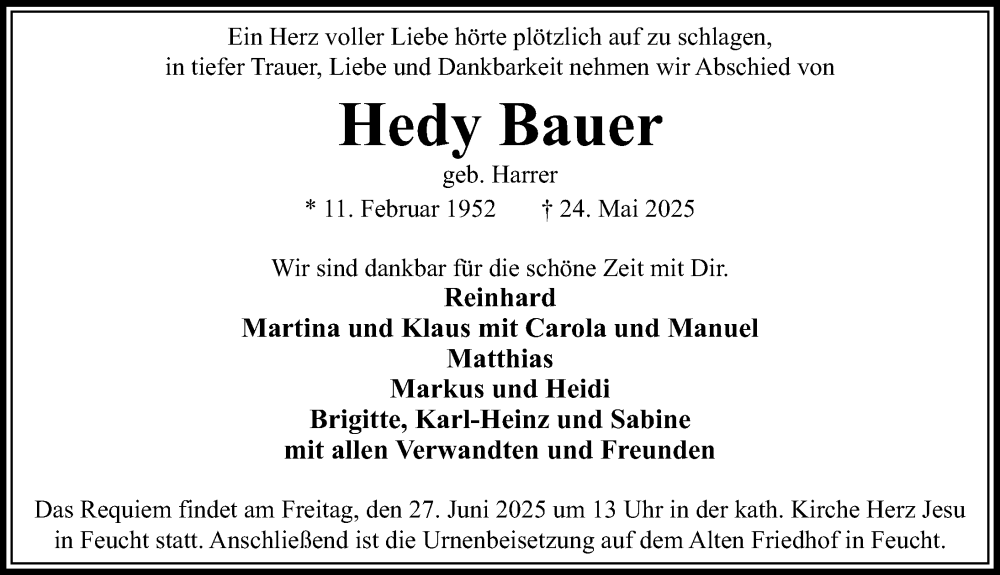  Traueranzeige für Hedy Bauer vom 21.06.2025 aus Gesamtausgabe Nürnberger Nachrichten/ Nürnberger Ztg.