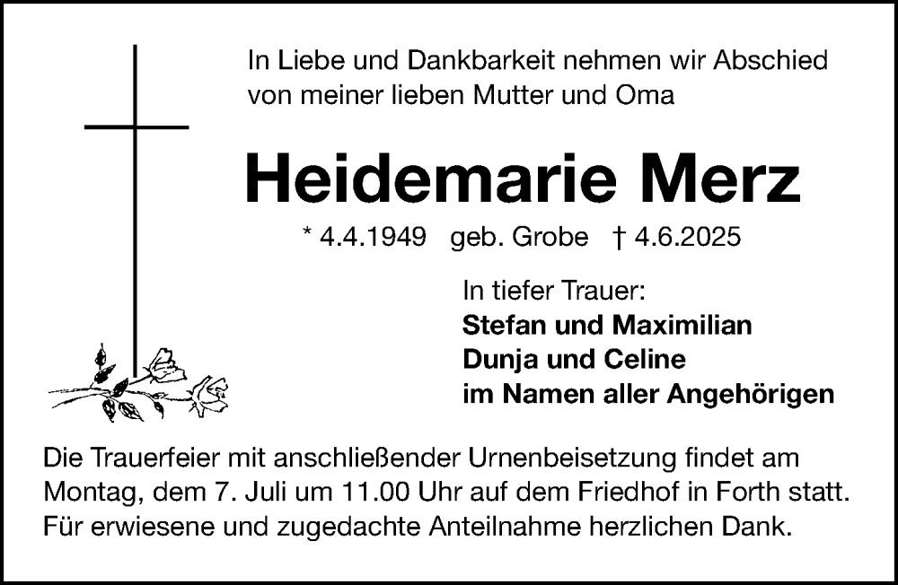  Traueranzeige für Heidemarie Merz vom 28.06.2025 aus Gesamtausgabe Nürnberger Nachrichten/ Nürnberger Ztg.