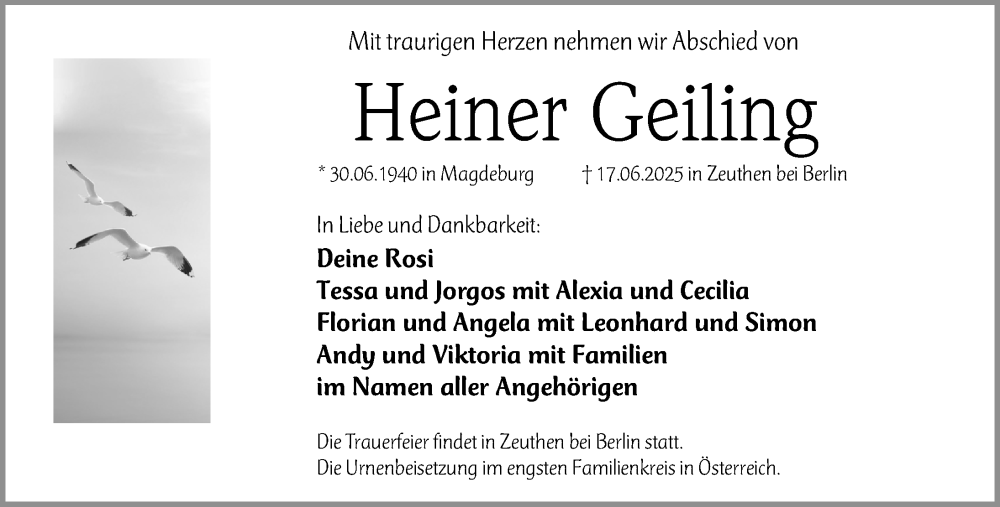  Traueranzeige für Heiner Geiling vom 25.06.2025 aus Erlanger Nachrichten Lokal