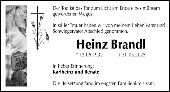 Traueranzeige von Heinz Brandl von Gesamtausgabe Nürnberger Nachrichten/ Nürnberger Ztg.