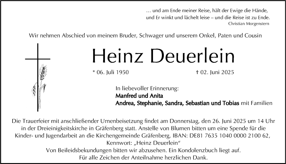  Traueranzeige für Heinz Deuerlein vom 21.06.2025 aus Nordbayerische Nachrichten Forchheim Lokal