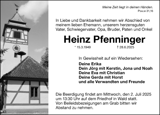 Traueranzeige von Heinz Pfenninger von Altmühl-Bote Lokal