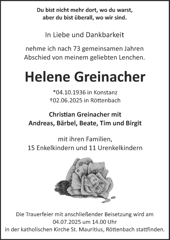 Traueranzeige von Helene Greinacher von Erlanger Nachrichten Lokal