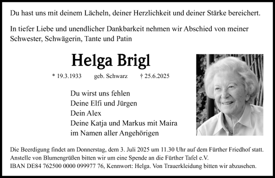 Traueranzeige von Helga Brigl von Fürther Nachrichten Lokal