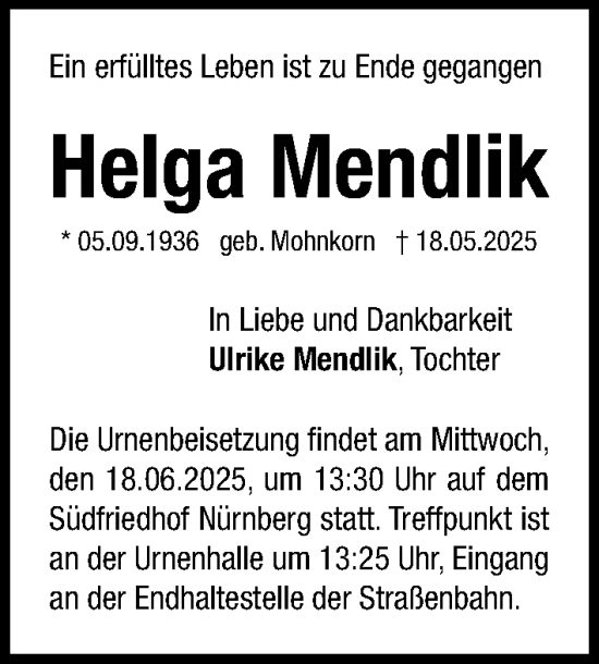 Traueranzeige von Helga Mendlik von Gesamtausgabe Nürnberger Nachrichten/ Nürnberger Ztg.