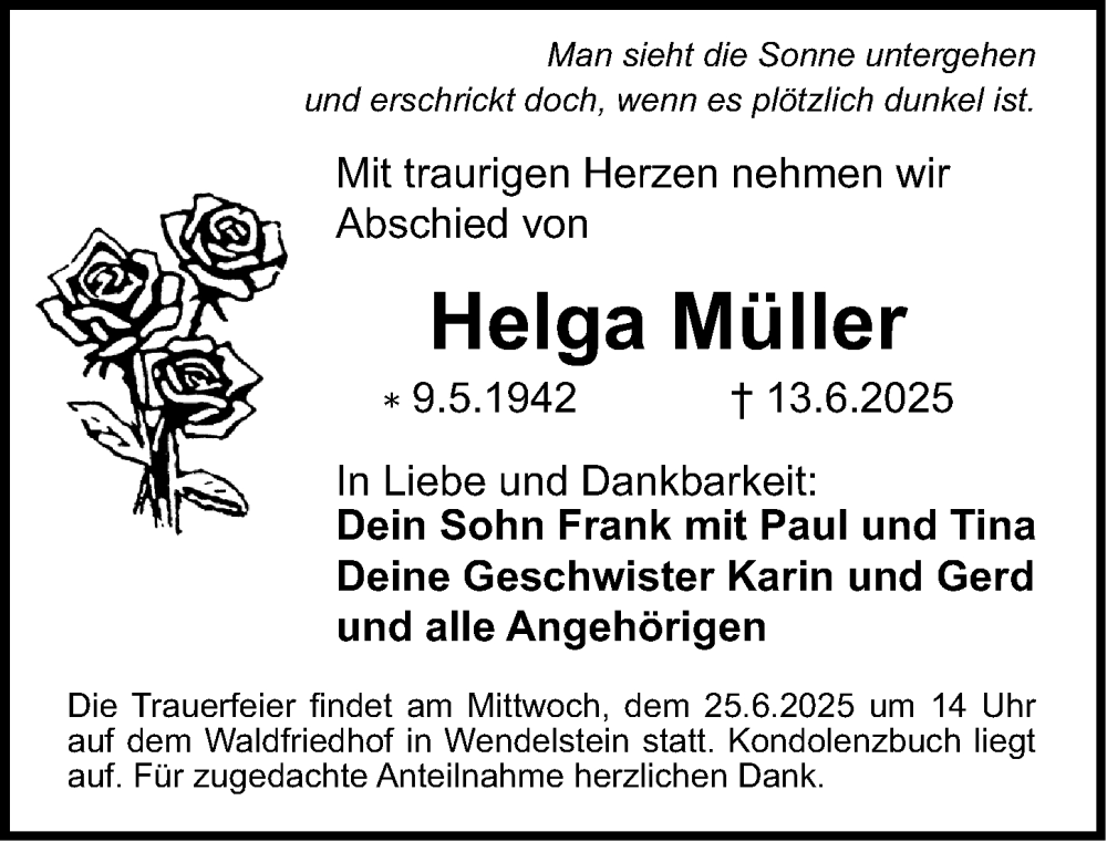  Traueranzeige für Helga Müller vom 21.06.2025 aus Schwabacher Tagblatt Lokal