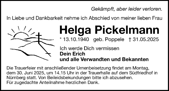 Traueranzeige von Helga Pickelmann von Gesamtausgabe Nürnberger Nachrichten/ Nürnberger Ztg.