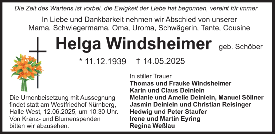 Traueranzeige von Helga Windsheimer von Gesamtausgabe Nürnberger Nachrichten/ Nürnberger Ztg.