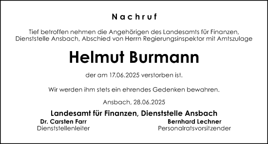 Traueranzeige von Helmut Burmann von Altmühl-Bote Lokal