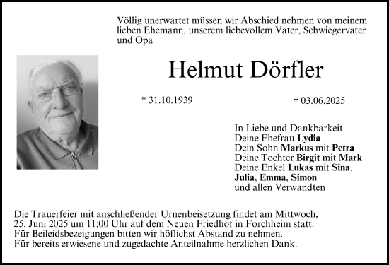 Traueranzeige von Helmut Dörfler von Nordbayerische Nachrichten Forchheim Lokal