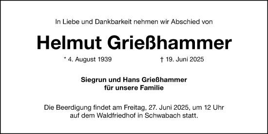Traueranzeige von Helmut Grießhammer von Schwabacher Tagblatt Lokal