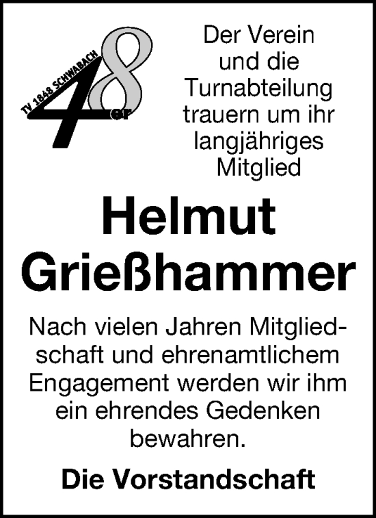Traueranzeige von Helmut Grießhammer von Schwabacher Tagblatt Lokal