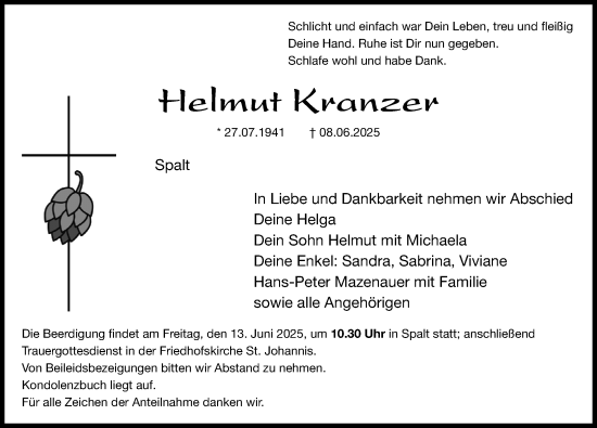 Traueranzeige von Helmut Kranzer von Roth-Hilpoltsteiner Volkszeitung Lokal